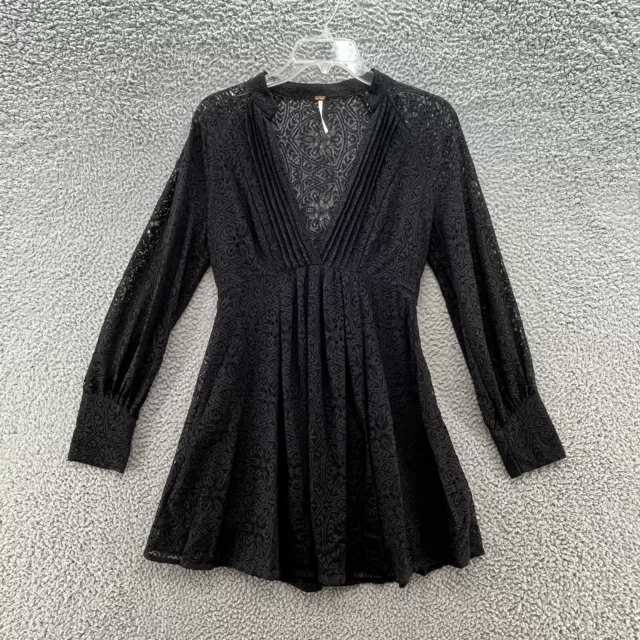 Free People Dress Womens 2 Black Lace Long Sleeve Flowy Boho Goth Witchcore Mini