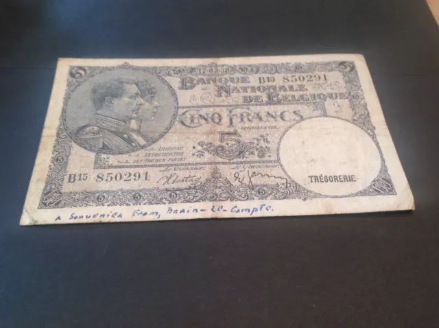 5 Belgium Francs Banknote dated 17/03/38