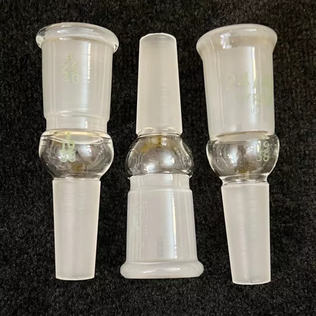 Set of Three Pyrex 24/40 F Outer to 19/38 M Inner Joint Glass Reducing Adapters