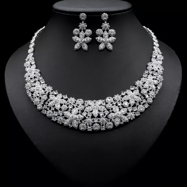 Luxury All CZ Cubic Zirconia Pearl Necklace Earrings Set For Women Bridal