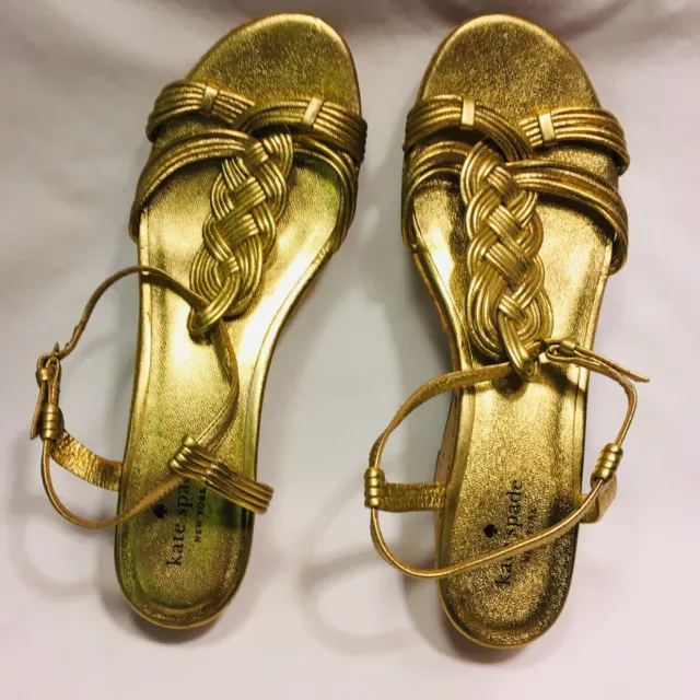 Kate Spade Beachy Gold Metallic Braided Wedge Cork Heel Platform Sandal 8.5 M