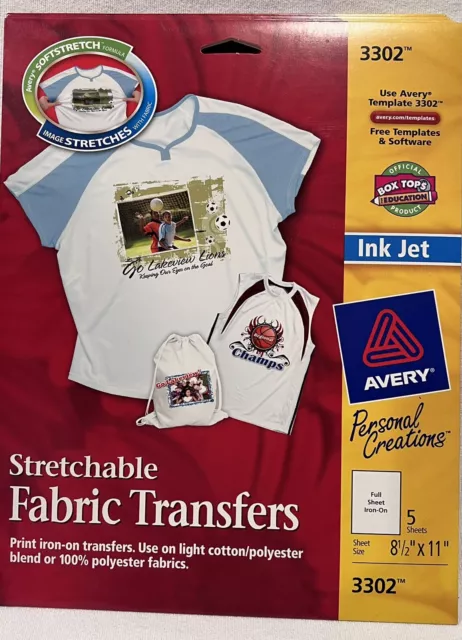 Avery 3302 Ink Jet Printable Iron-On T-Shirt Fabric Transfers 5 8.5"x11" Sheets