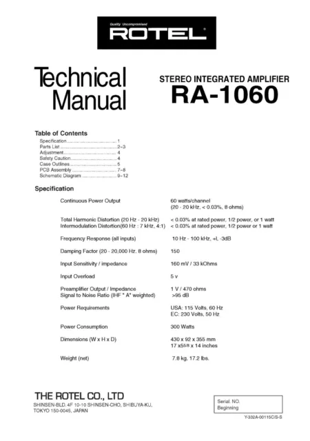 Service Manuel D'Instructions pour Rotel RA-1060