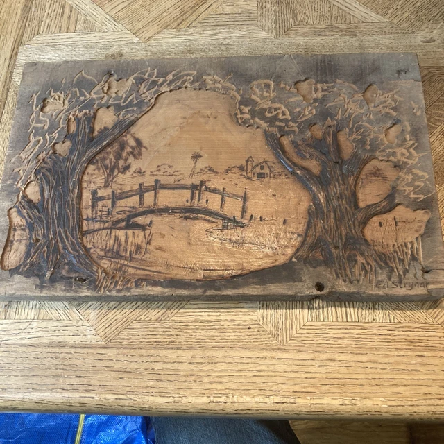 Hand Carved Art Oak Farm Scene Wood Barn Plank 11" x 17.5" Signed "Ed Strynar"