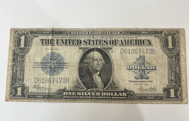 1923 $1 One Dollar Silver Certificate Note Horse Blanket Large Size Banknote.