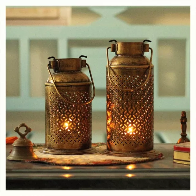 Handcrafted Decorative Iron Milk Can Patterned Lantern with Diya Antique Finish