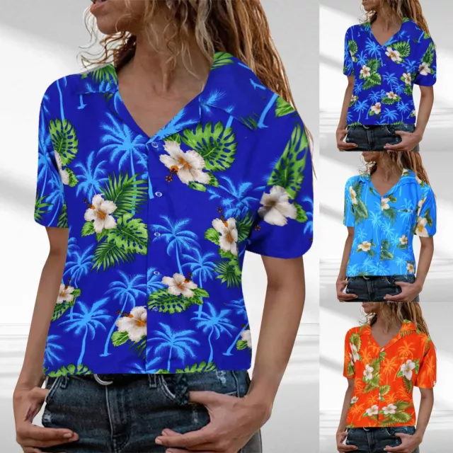 Women'S Funky Hawaiian Shirt Blouse Frontpocket Leaves Flowers Palm Print Top