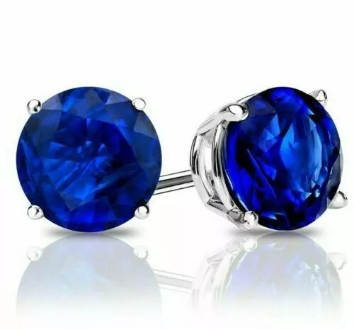 925 Sterling Silver Round Cut Lab Created Blue Sapphire Round Stud Earrings 6MM