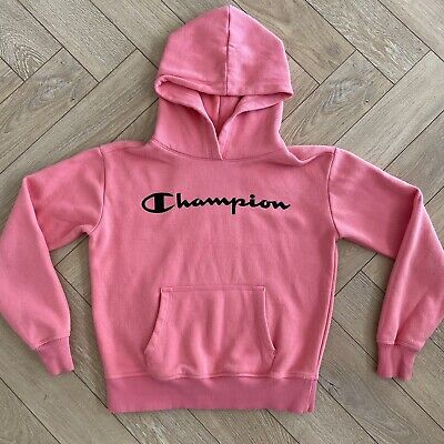 Retro CHAMPION Girls Pink Cropped Hooded Jumper Hoodie Age 11-12, XXS Ladies