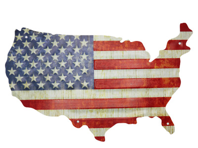 Plaque murale vintage décoration métal relief forme pays et drapeau USA  39x24cm