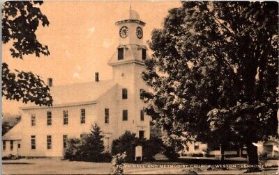 Vintage Vermont Postcard - Weston - Town Hall and Methodist Church