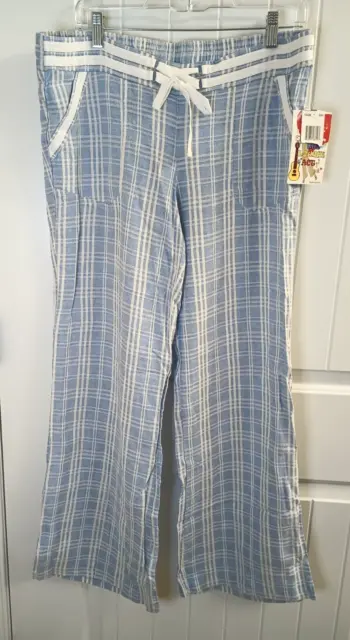 JOLT Womens 9  Blue Wide Leg Pants Striped Linen Blend Tassel Drawstring Pockets