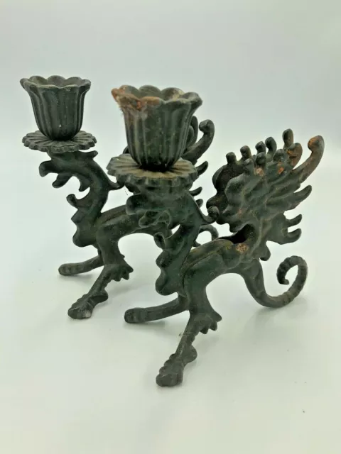 Vintage Black Cast Iron Candle Holder Gothic Dragon Griffin Gryphon Figures