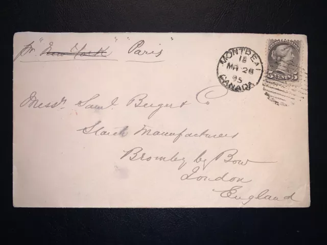 Canada 1895 5 cents QV Montreal Quebec  to England SS Paris