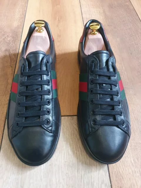 Gucci Ace Black Mens Leather Shoes Trainers Sneaker Uk Size 8 Us 9 Eu 42