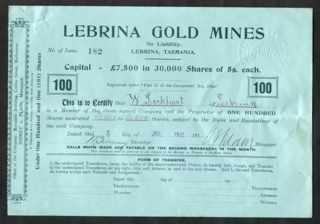 Share Scrip - Mining. 1912 Lebrina Gold Mines N/L.  Lebrina Tasmania