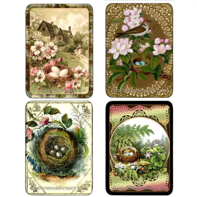 Four single vintage style swap playing cards featuring bird's nests and flowers