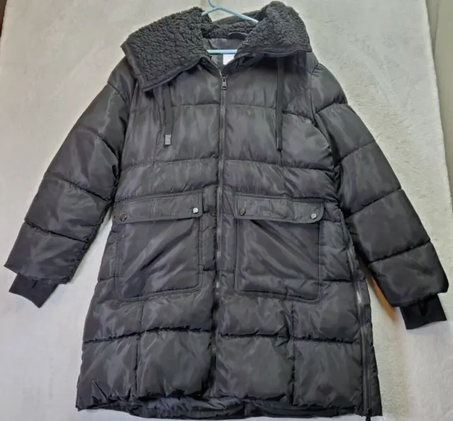 Madden Girl Puffer Coat Womens XL Black Sherpa Lined Hooded Drawstring Full Zip