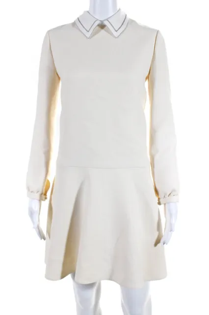 Christian Dior Womens Back Zip Long Sleeve Collared Dress White Wool Size 4