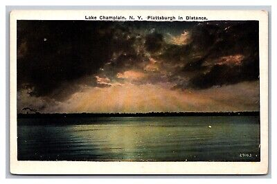 Lake Champlain New York Plattsburgh NY in Distance White Border Postcard