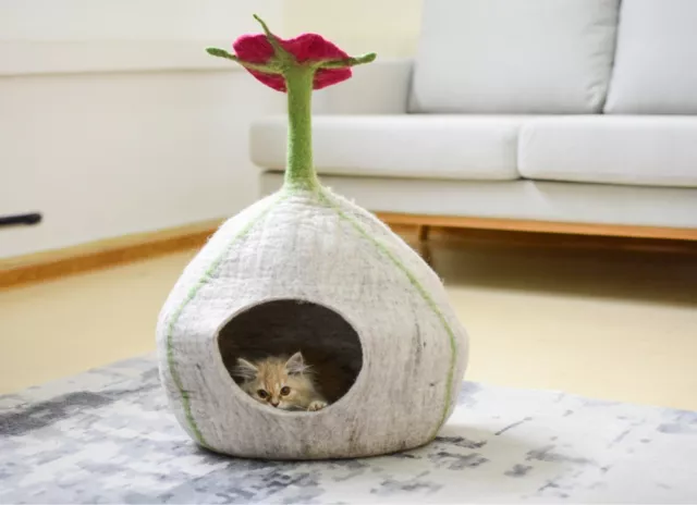 Top Floral Cat Cave - Handmade Felt Cat Bed - Modern Cozy Cat House - Handmade