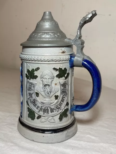 antique handmade Westerwald German pottery pewter lidded beer stein mug tankard