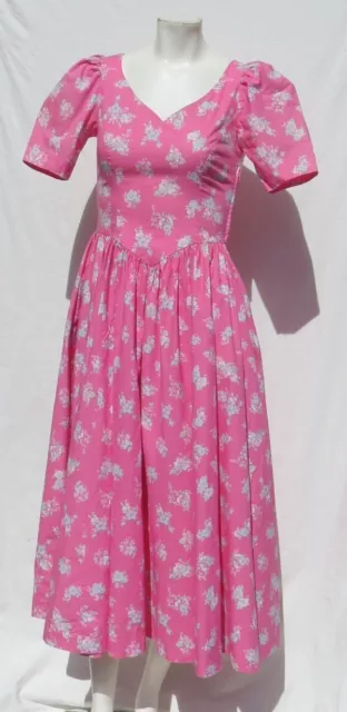 Vtg 80s LAURA ASHLEY UK 10 US 4 Small Pink Floral Cotton Midi Fit & Flare Dress