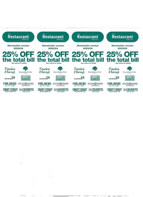 Restaurant Group 25% Off Discount Vouchers  £6 each - valid until 30 April 2004