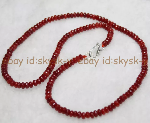 2x4mm Red Jade Faceted Roundel Gems Beads Necklace 18'' Silver Clasp