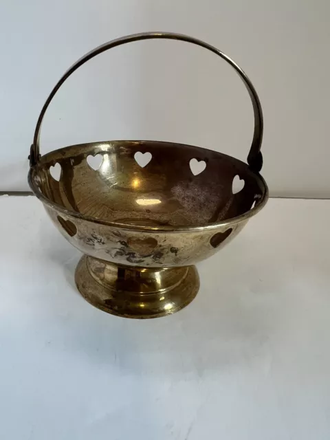 Vintage Brass Basket with Heart Cutouts Potpourri, Trinket Made In India, Handle