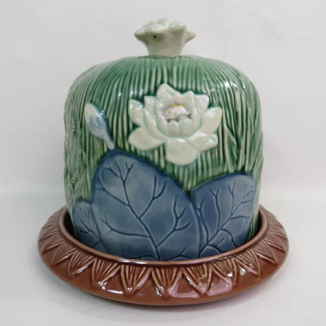 Hand Painted Majolica Stoneware Covered Cheese Pastry Butter Dish Dome 8"x 8"