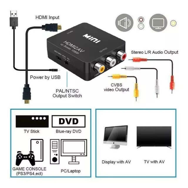 HDMI à RCA Full HD Vidéo 1080P AV Convertisseur Adaptateur + câble USB NTSC  PAL 2