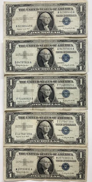 USA One Dollar Silver Certificates - Series 1957 A (x4) & Series 1957 B (x1)