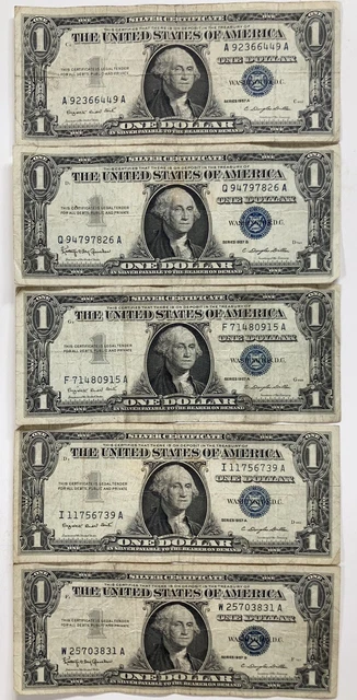 USA One Dollar Silver Certificates - Series 1957 A (x4) & Series 1957 B (x1)