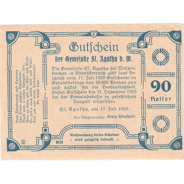 [#287967] Austria, St Agatha, 90 Heller, portrait 1920-12-31, UNC, Mehl:FS 877II