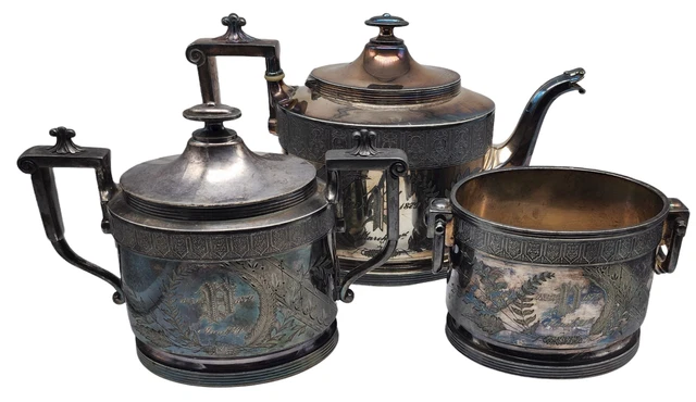 1854~1879 Antique REED & BARTON Silver Plate 3 Pc Tea Set Teapot Creamer Sugar