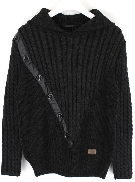 Cipo&Baxx Maglione Uomo Grande Treccia Doppia Melange Bottoni Dettagli Cappuccio