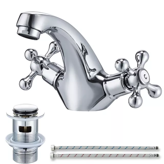 Chrome Bathroom Sink Taps with Waste Mono Dual Cross Vanity Basin Mixer Taps