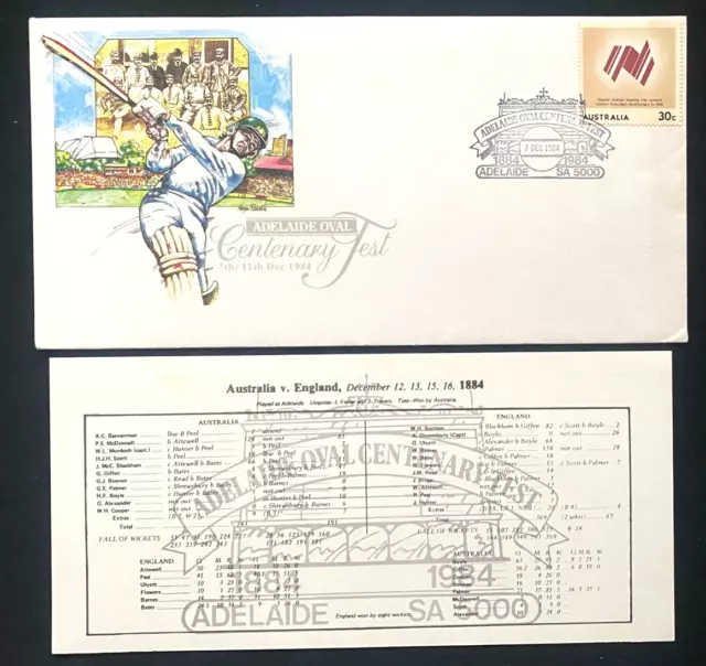 1984 Adelaide Oval Centenary Test Pictorial Postmark On Cover + Scorecard Insert