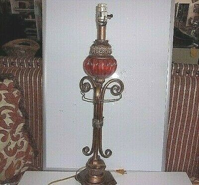 Antique Victorian TALL  LAMP ORNATE RED GLASS Globe 29" Tall 4" Diameter