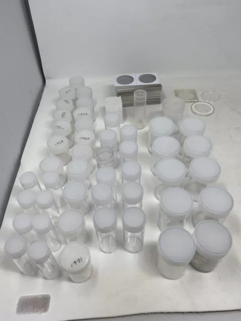 Mixed Lot Of 48 BCW Round Clear Plastic Coin Storage Tubes Screw On Caps & More