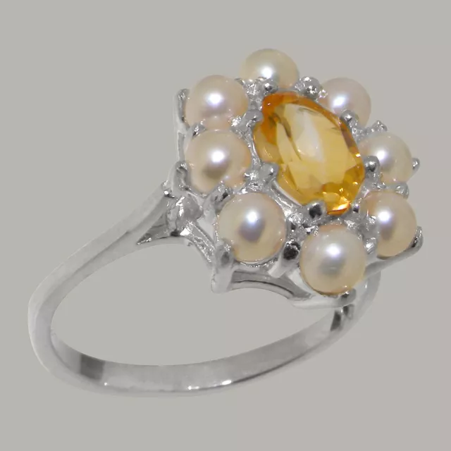 9ct White Gold Natural Citrine & Full Pearl Womens Cluster Ring - Sizes J to Z