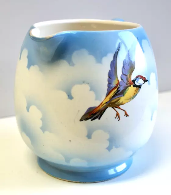 Antique Lancaster & Sons Pottery Large Jug, Colourful Birds In Cloudy Sky, 1920 2