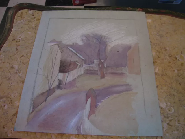 Vtg Antique Early 20th Cent. E A Trego Watercolor Painting & Pastel of Street