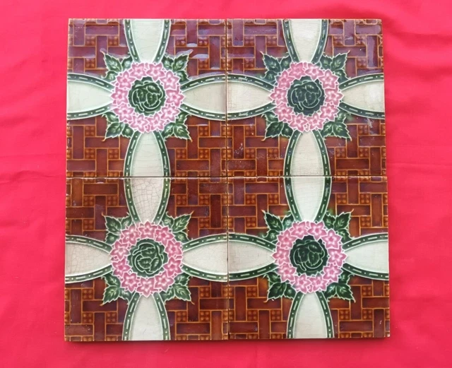4 Piece Lot Old Art Flower Design Embossed Majolica Ceramic Tiles England 0200