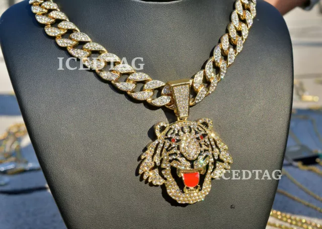 Hip Hop Iced Bling Flashy Gold Pt Large Roar Tiger Head Pendant, Cuban Necklace