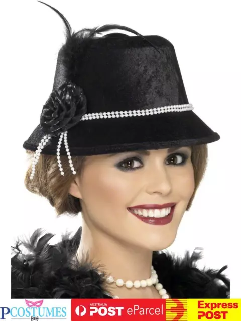 Black 20s Gatsby Hat Cloche Beads Flower Ladies Costume Flapper 1920s