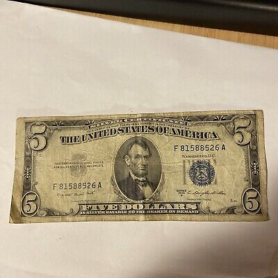 Five Dollar Silver Certificate Blue Seal 1953-B Circulated Miscut Misaligned