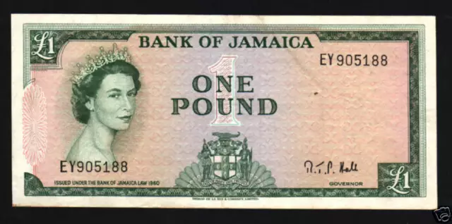 JAMAICA 1 POUND P-51 C d 1964 QUEEN TRACTOR AUNC CARIBBEAN CURRENCY BANK NOTE