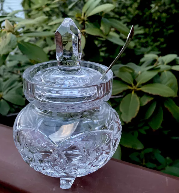 VTG Etched Cut Crystal Honey Jam Jelly Condiment Mustard Jar Nickle silver Spoon